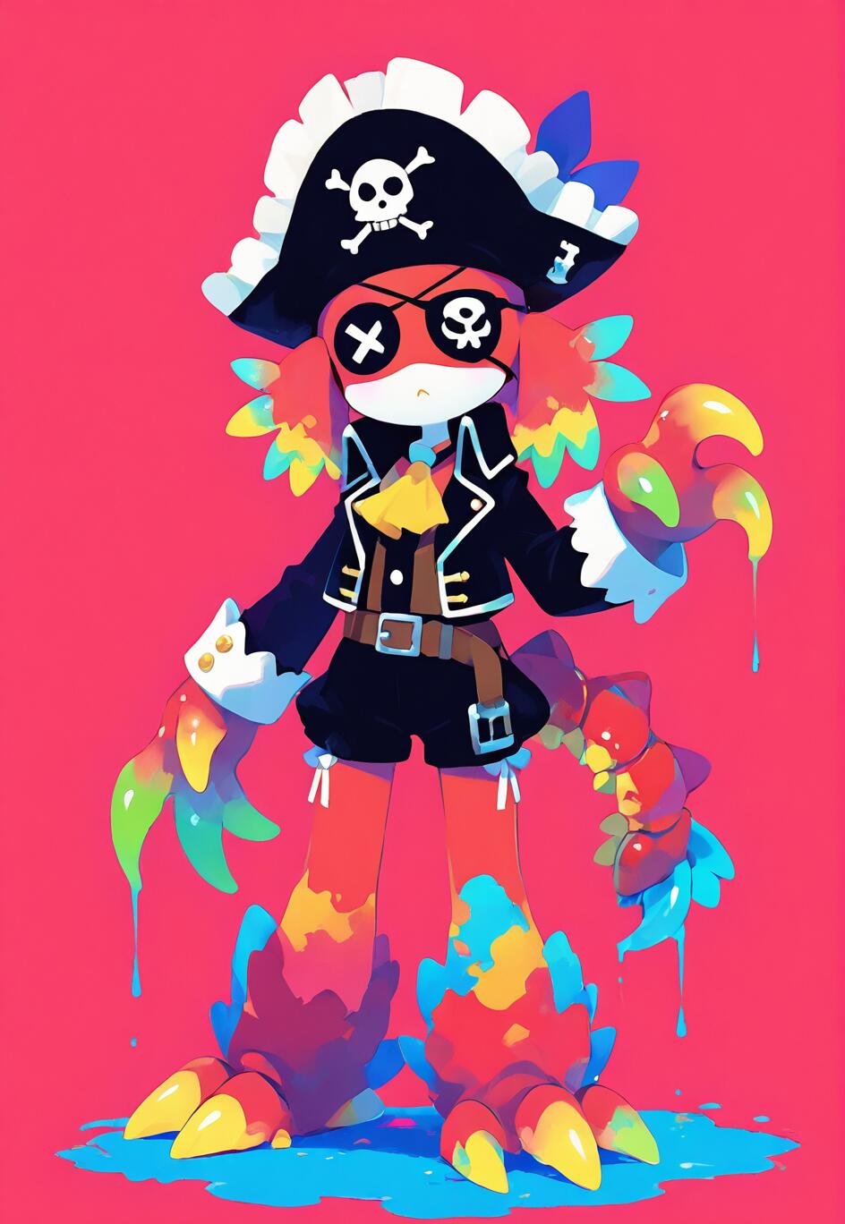 A full-body digital illustration of a red, crab-like character dressed in a pirate costume, with rainbow-colored paint dripping from its claws and feet, standing against a bright pink background.