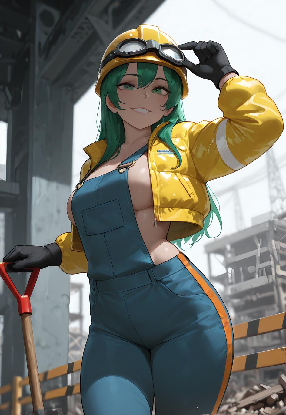 An anime girl with long green hair and a confident smile, dressed as a construction worker in a yellow hard hat, yellow jacket, and blue overalls, holding a shovel on a construction site.