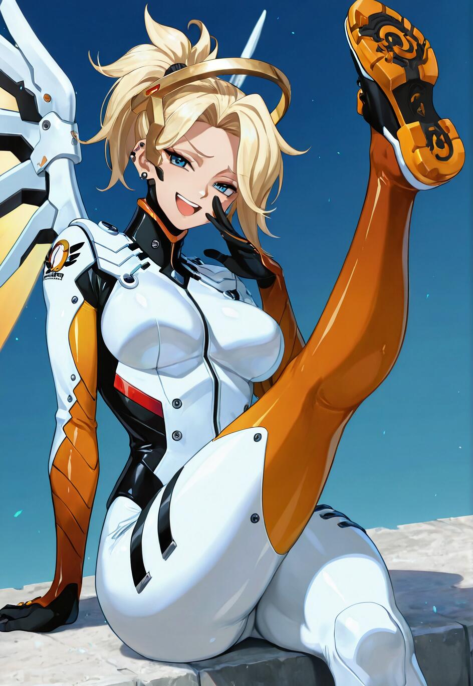 Illustration of Mercy from Overwatch sitting down. She wears a white and orange futuristic bodysuit, has a smug expression, and holds one leg up in the air, showing the sole of her shoe.