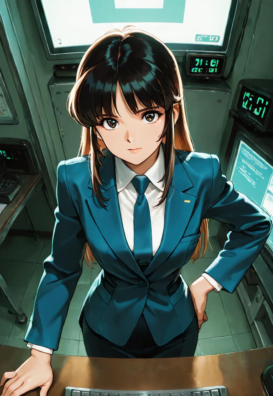 An anime-style digital illustration of a young woman in a blue business suit standing confidently in a high-tech control room, looking directly forward.