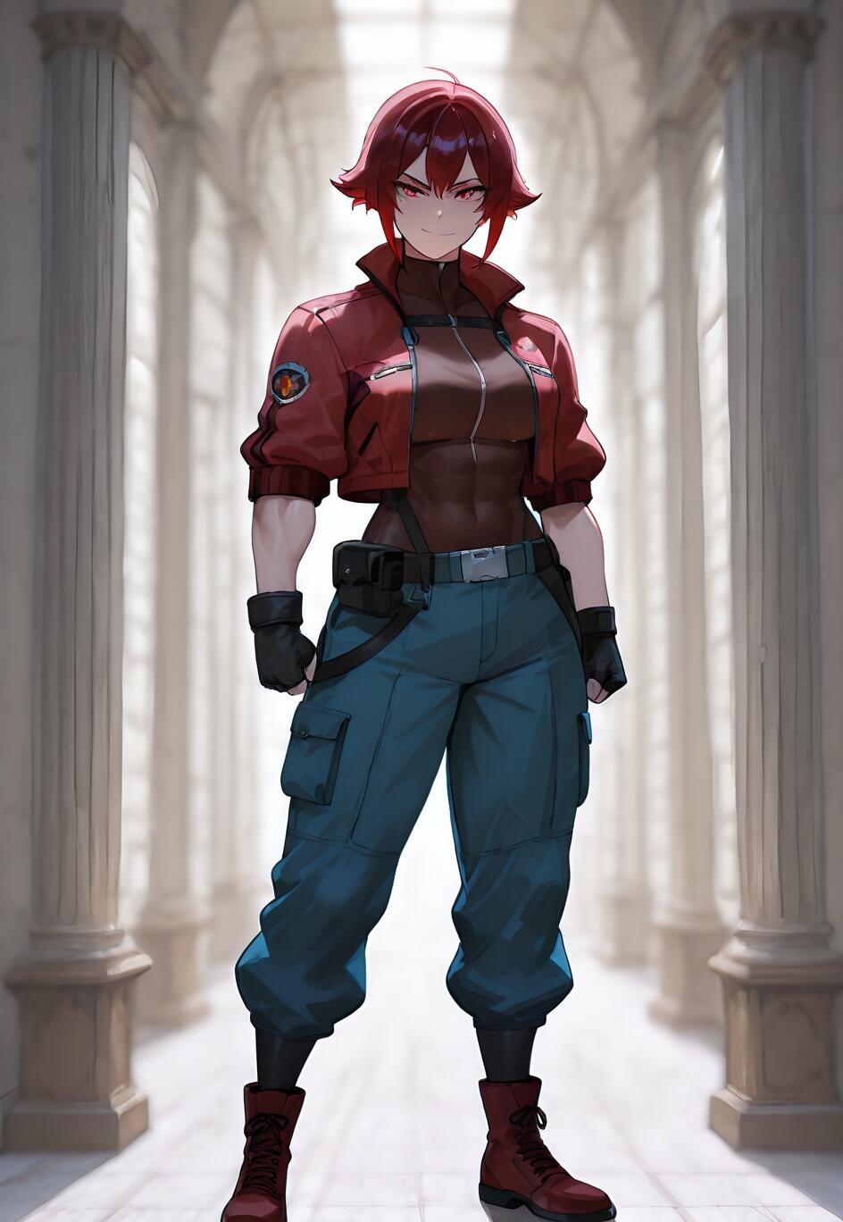 A full-body illustration of a muscular anime woman with short red hair and red eyes, wearing a red jacket, blue cargo pants, and combat boots while standing in a long hallway lined with pillars.