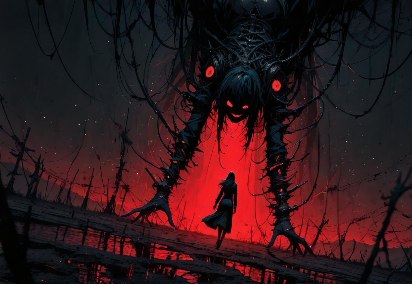 A woman in a long black coat walks on a dark, broken path towards a giant, horrifying black monster made of wires and machinery. The monster has a menacing face with glowing red eyes, and the scene is illuminated by a deep red light.
