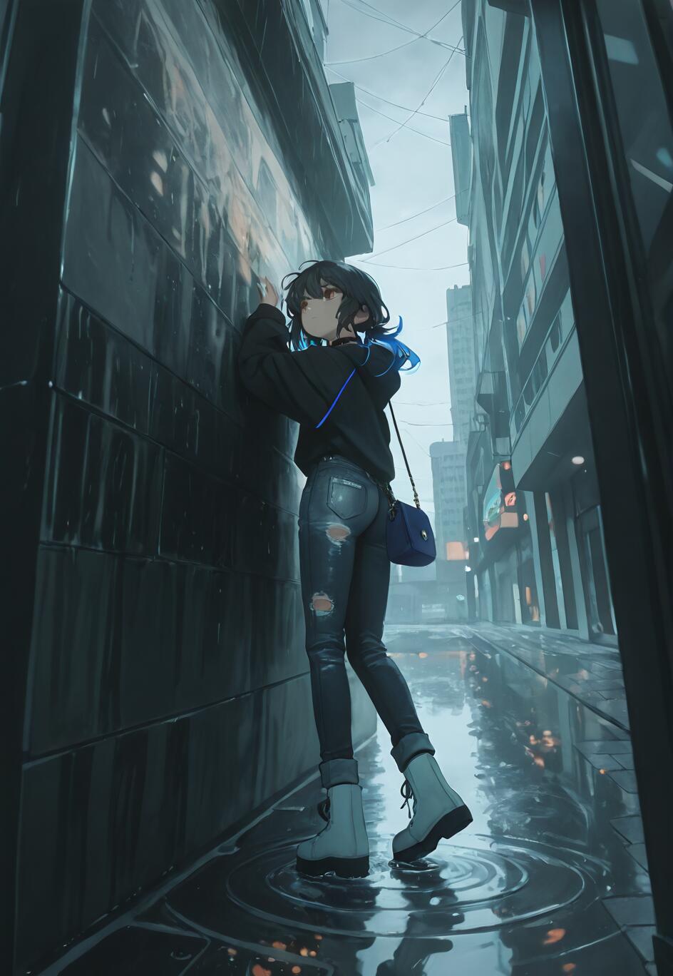 An anime girl with short black hair and blue highlights leans against a wall in a wet city alley. She is wearing a black hoodie, ripped jeans, and boots, and is standing in a puddle while looking up.