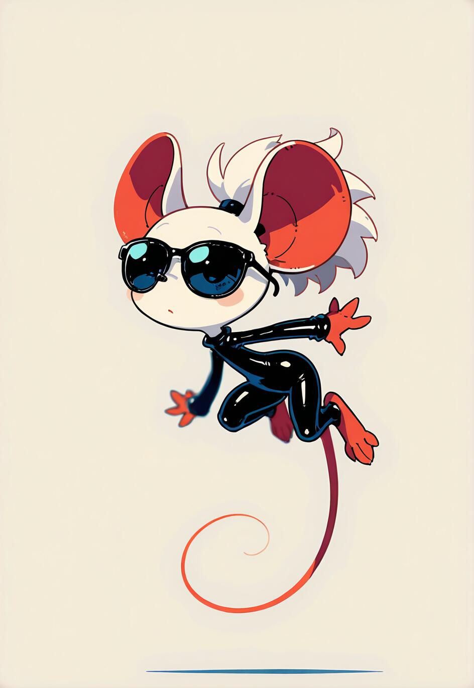An anthropomorphic white mouse girl with red-tipped ears, wearing sunglasses, a shiny black bodysuit, and red gloves, jumping in the air against a plain light background.