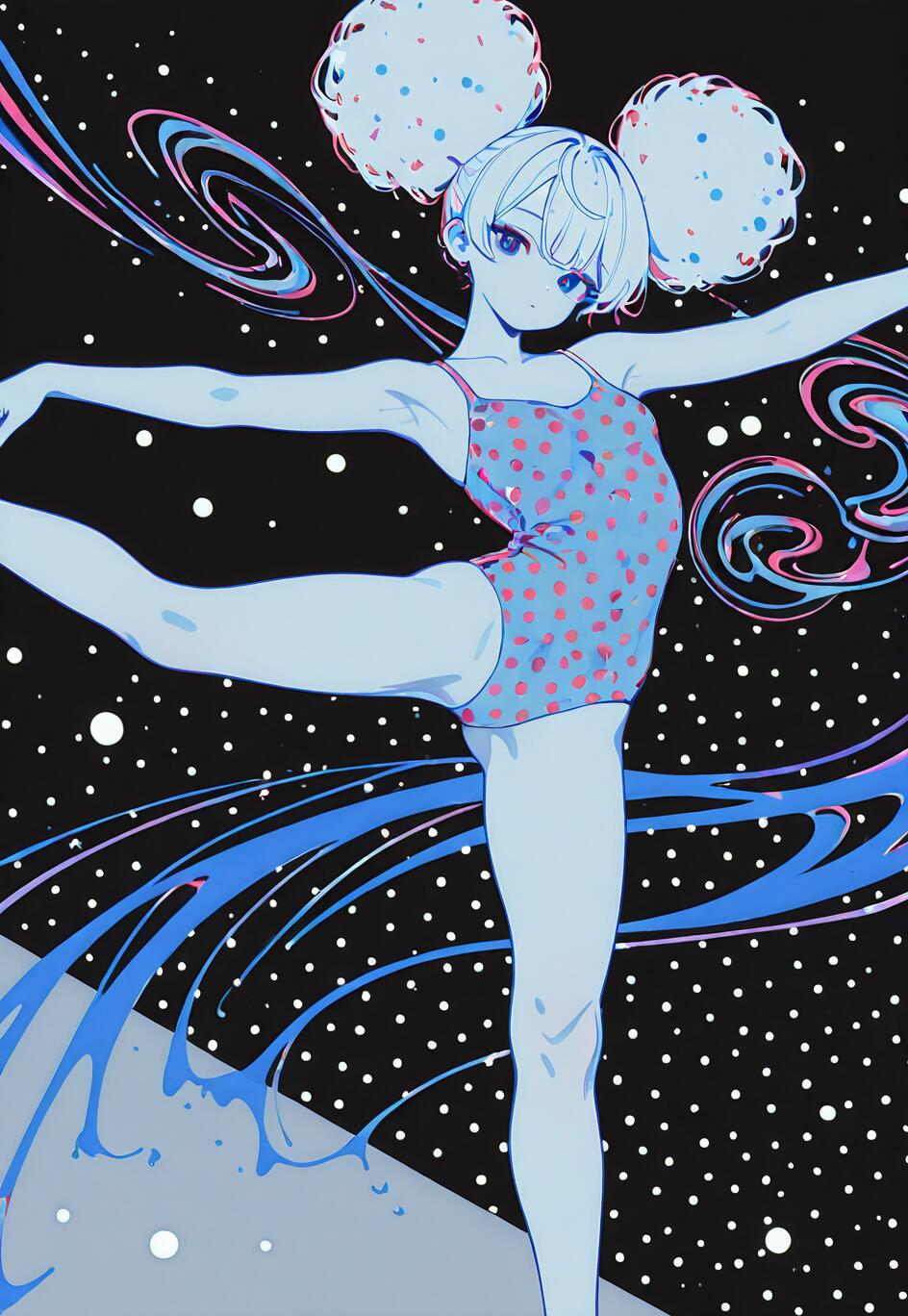 An anime-style illustration of a girl with light blue hair in two large buns, dancing gracefully in a blue and pink polka-dot leotard against a black, star-like background with swirling blue and pink ribbons of light.