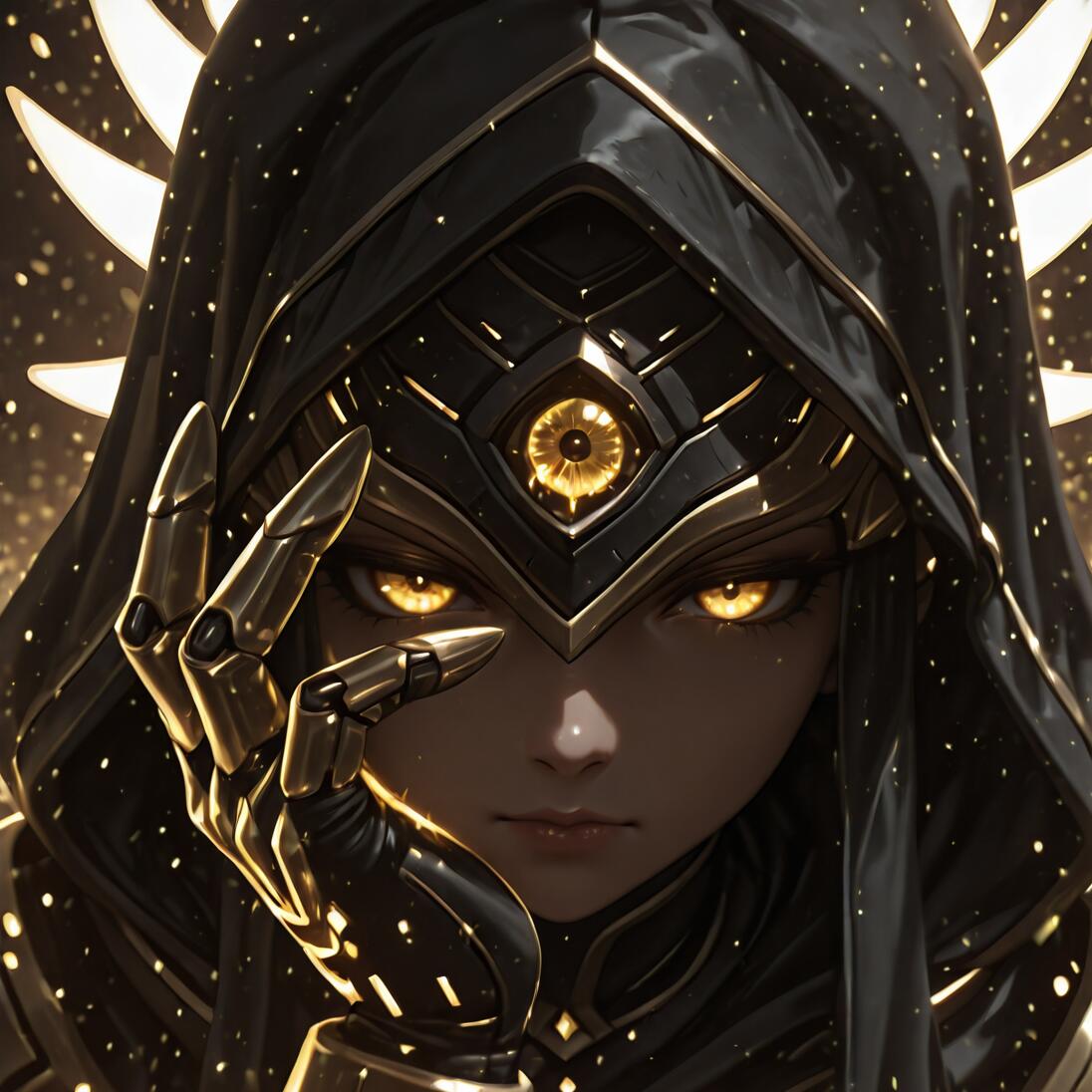 A close-up portrait of the character Justicar Syndra from League of Legends. She has glowing yellow eyes and wears a black hood over an ornate black and gold headpiece with a third eye symbol. She holds a metallic, armored hand near her face against a backdrop of glowing particles.