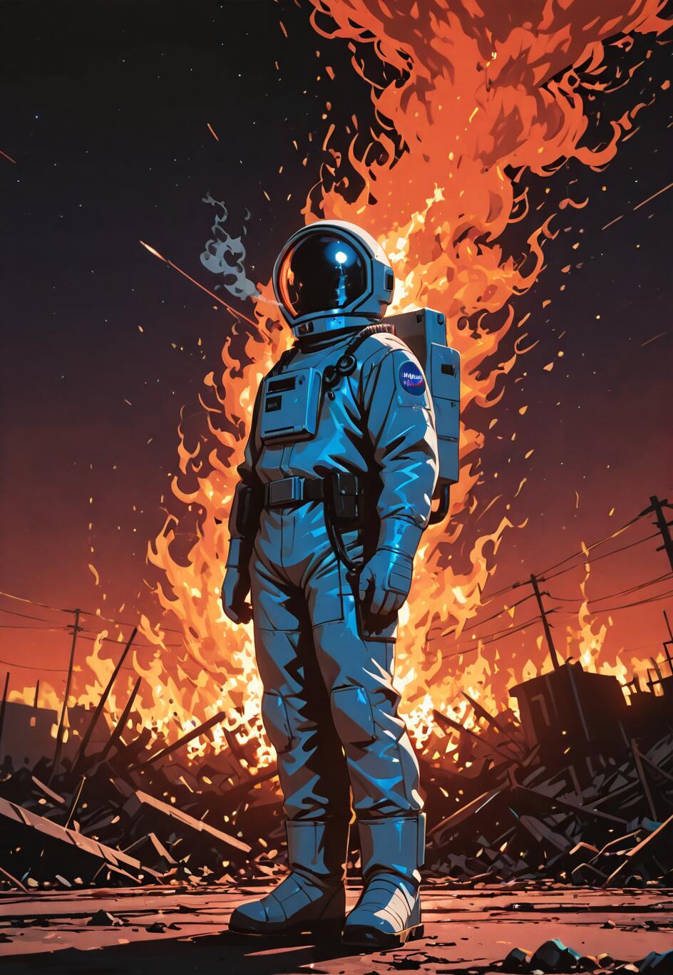An astronaut in a white and blue NASA spacesuit stands in the foreground as a massive fire burns through a ruined city in the background.
