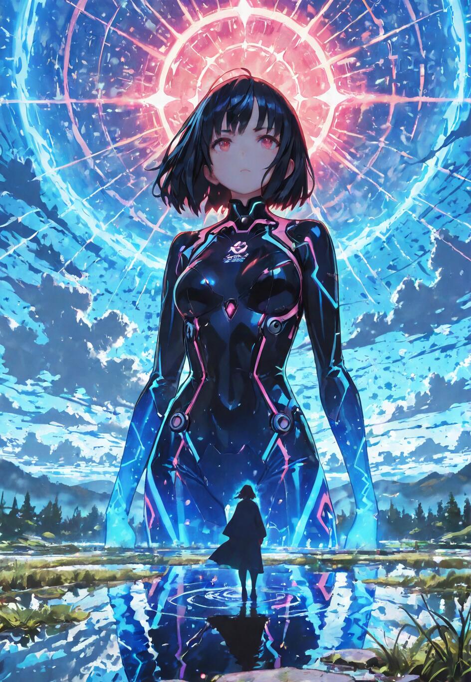 An epic anime artwork of a giant Rikka Takarada from SSSS.Gridman in a futuristic bodysuit. She stands before a massive celestial portal, her form reflected in a pond where a small, cloaked figure watches.