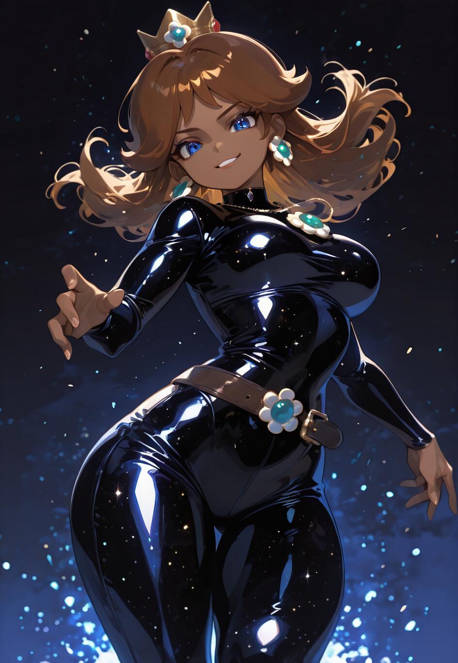 Fan art of Princess Daisy from Super Mario with dark skin and brown hair, wearing a shiny black bodysuit and her crown, posing confidently against a starry blue background.