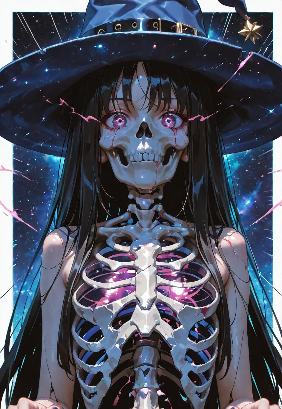 An anime illustration of a woman with long black hair and a witch's hat. Her face is a skull, but she has glowing pink eyes inside the sockets. Her ribcage is visible, containing a purple galaxy, against a starry space background.