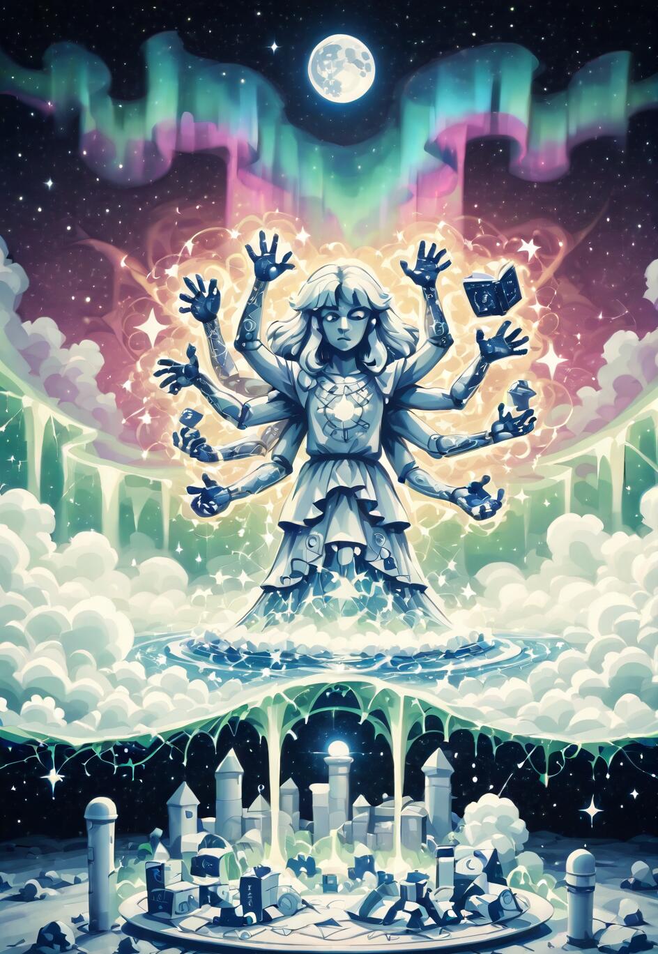 An anime-style illustration of a celestial, multi-armed goddess resembling Princess Peach, floating in space under an aurora borealis and a full moon, creating a miniature city below her.