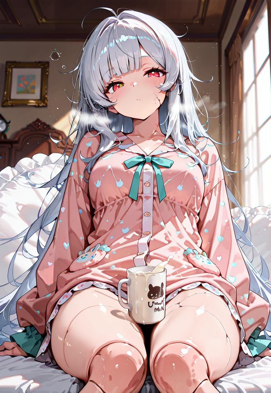 An anime girl with long white hair and red eyes, wearing pink pajamas, sits in bed in a sunlit room, holding a mug. She has doll-like cracks on her face and joints on her limbs.