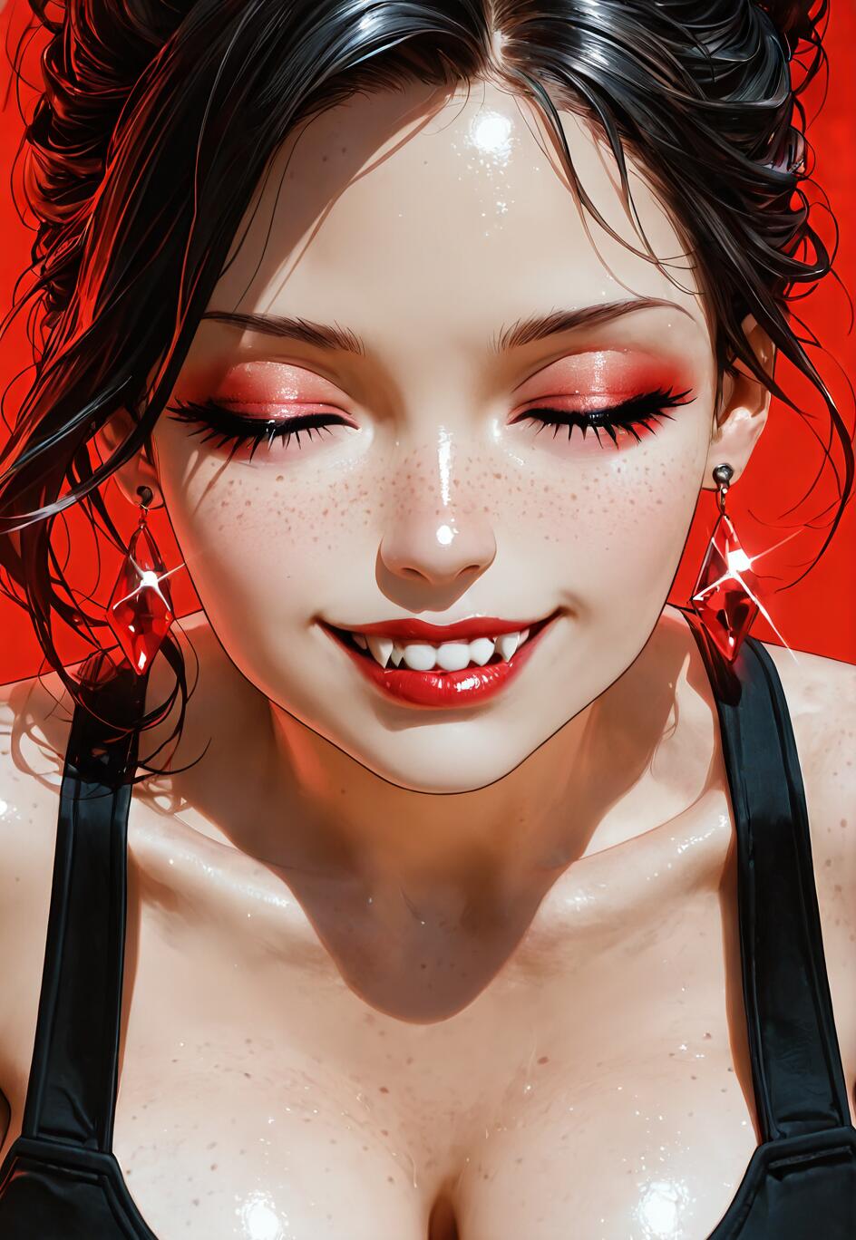 A close-up digital illustration of a beautiful vampire woman with dark hair and freckles. Her eyes are closed, showing off her red eyeshadow, and she has a wide, happy smile that reveals sharp fangs and red lipstick. She is wearing sparkling red gemstone earrings against a bright red background.