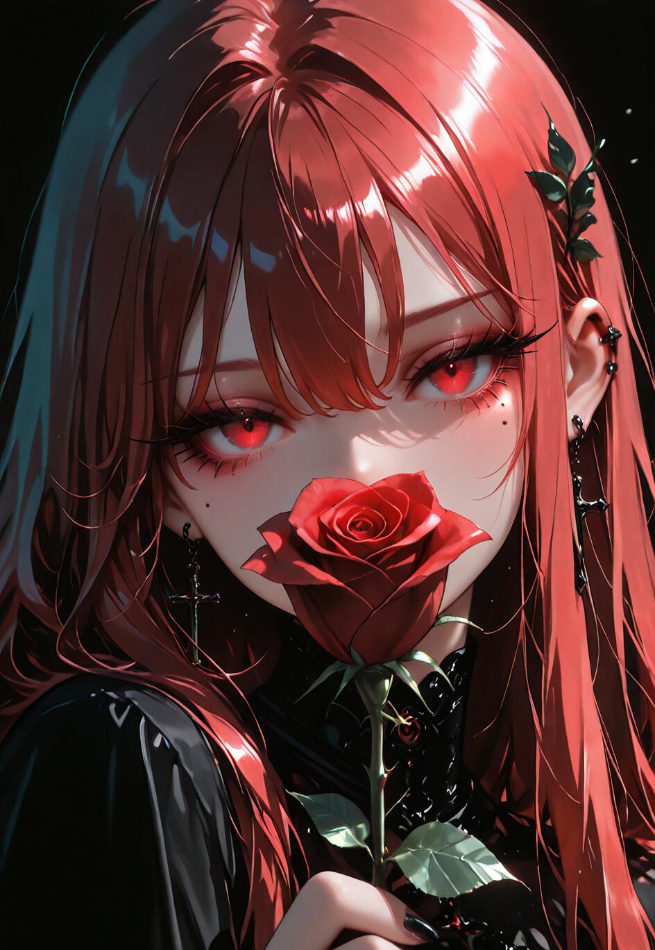 An anime-style illustration of a girl with long red hair and glowing red eyes. She is holding a red rose up to her face, covering her mouth, and is wearing black clothes and cross earrings against a dark background.