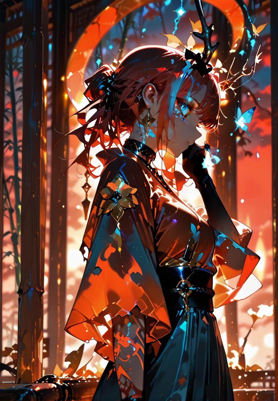 An anime-style woman with red hair and a dark crown stands in profile against a glowing orange arched window. She wears a dark kimono with orange and blue highlights, black gloves, and has glowing blue eyes and a butterfly near her.