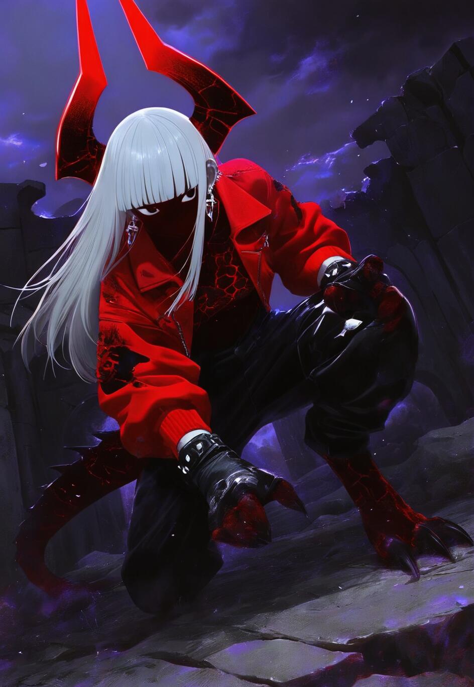 An anime-style illustration of a demon with long silver hair and large red horns, crouching amidst dark ruins. The character wears a bright red jacket, black pants, and has red, clawed hands and feet.
