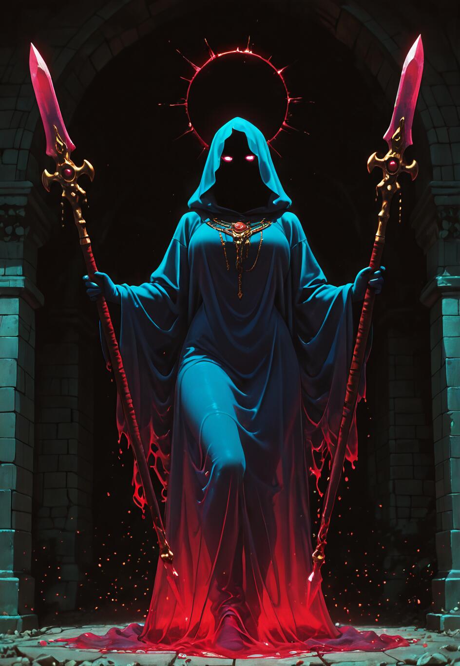 A tall, mysterious figure in a blue and red hooded robe stands in a dark stone archway, holding two large spears with glowing pink blades. Her face is obscured in shadow, with only a pair of glowing purple eyes visible, and a red, spiky halo floats above her head.