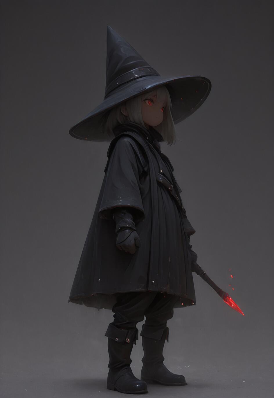 A full-length digital illustration of a young anime-style witch with short white hair and glowing red eyes. She wears a large black pointed hat, a black coat, and black boots, and holds a staff with a glowing red tip against a plain grey background.