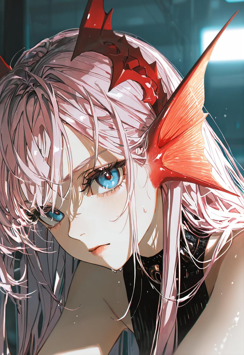 A detailed digital illustration of a young woman with long pink hair, bright blue eyes, and large red fish-like fins for ears, looking intently at the viewer.