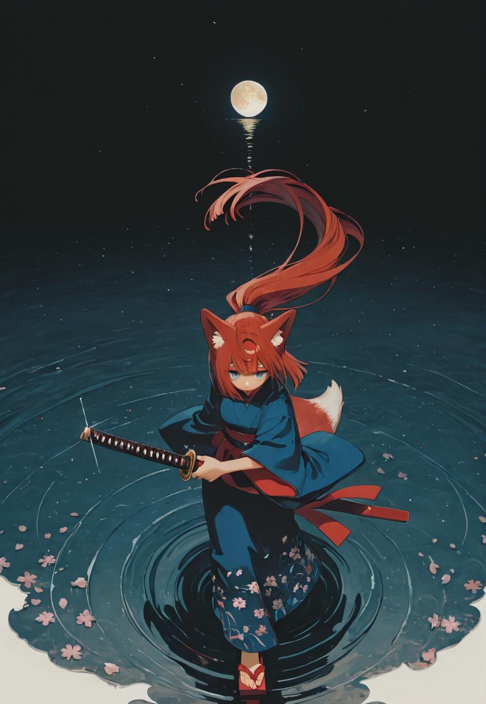 An anime-style fox girl with red hair in a high ponytail stands in water at night. She wears a blue kimono and holds a katana under a full moon, with sakura petals floating around her.