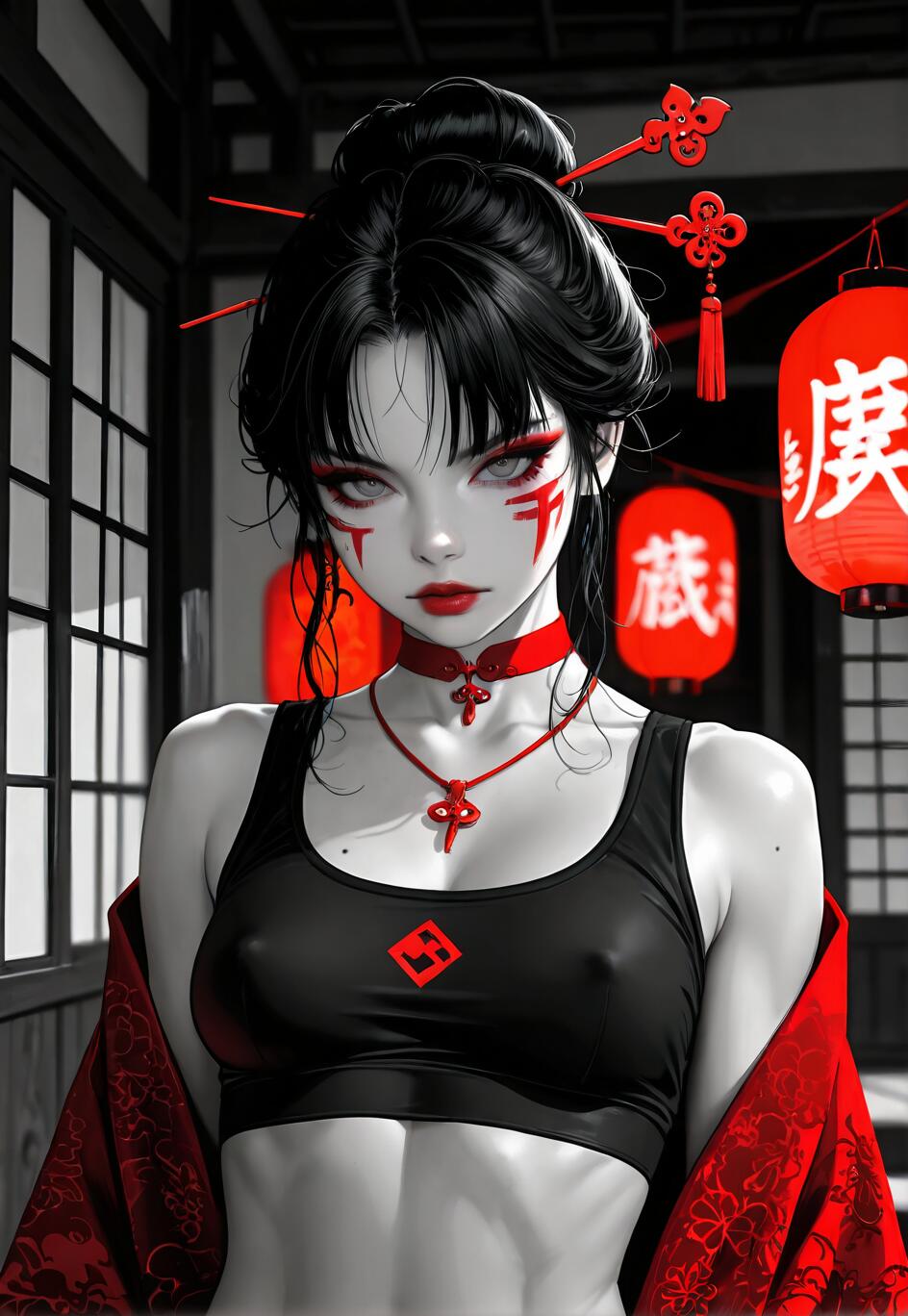 A digital illustration of a woman with black hair in a bun, red face paint, and grey eyes. She wears a black crop top and a red robe in a Japanese-style room with glowing red lanterns.