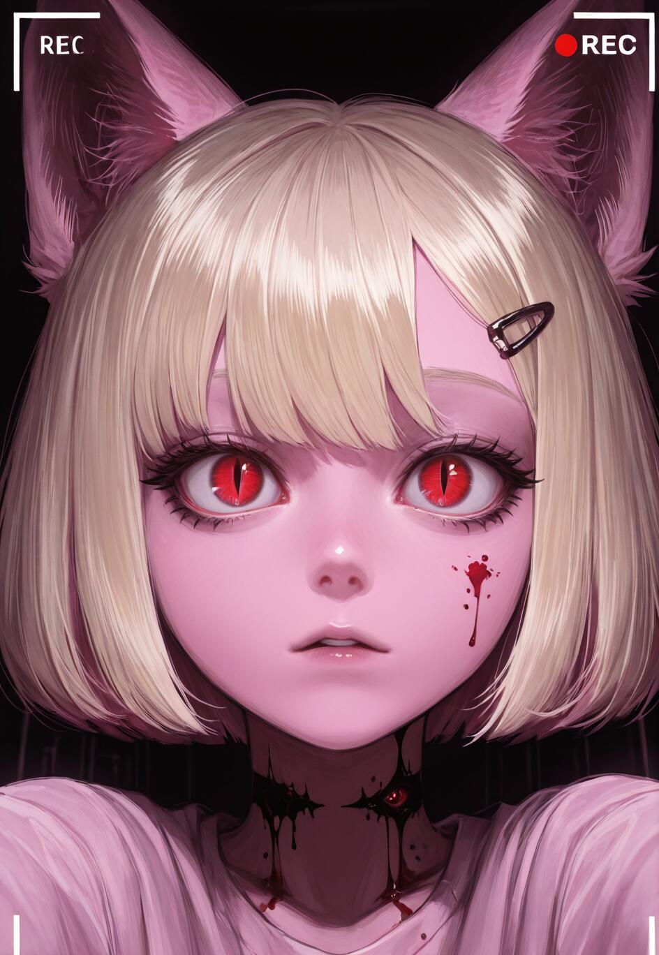 A close-up illustration of a cat girl with short blonde hair, pink furry ears, and intense red eyes. She is framed by a camera viewfinder and has blood splattered on her cheek and neck, staring directly at the viewer against a dark background.