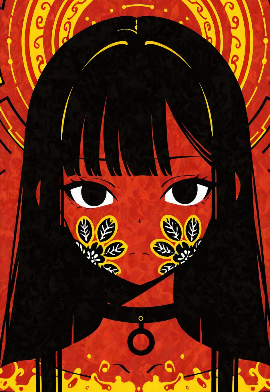A stylized digital illustration of a woman with red skin, long black hair, and large dark eyes. She has yellow and black floral patterns on her cheeks and wears a black choker. The background is red with a golden halo-like pattern behind her head.