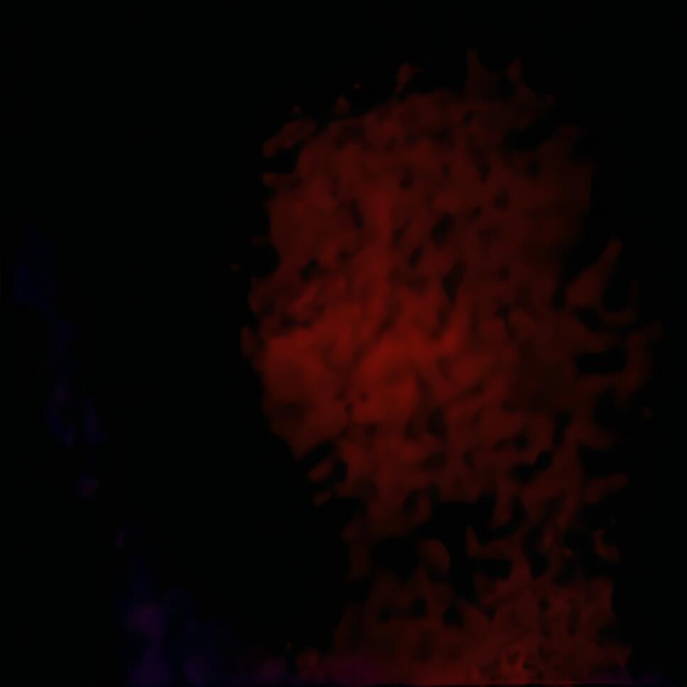 An abstract image dominated by a black background, with a large, soft-edged cloud of mottled dark red on the right side and a hint of purple on the left.