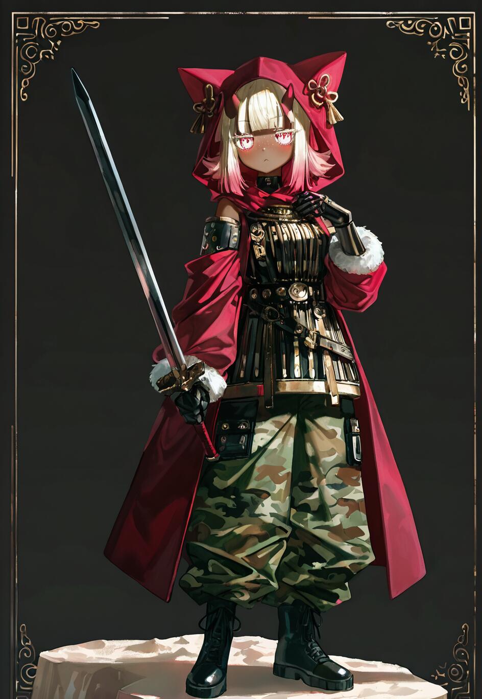 A full-body illustration of an anime girl with blonde hair, dark skin, and glowing red eyes. She wears a red hooded cloak with cat ears, black and gold armor, camouflage pants, and black boots, while holding a large sword.