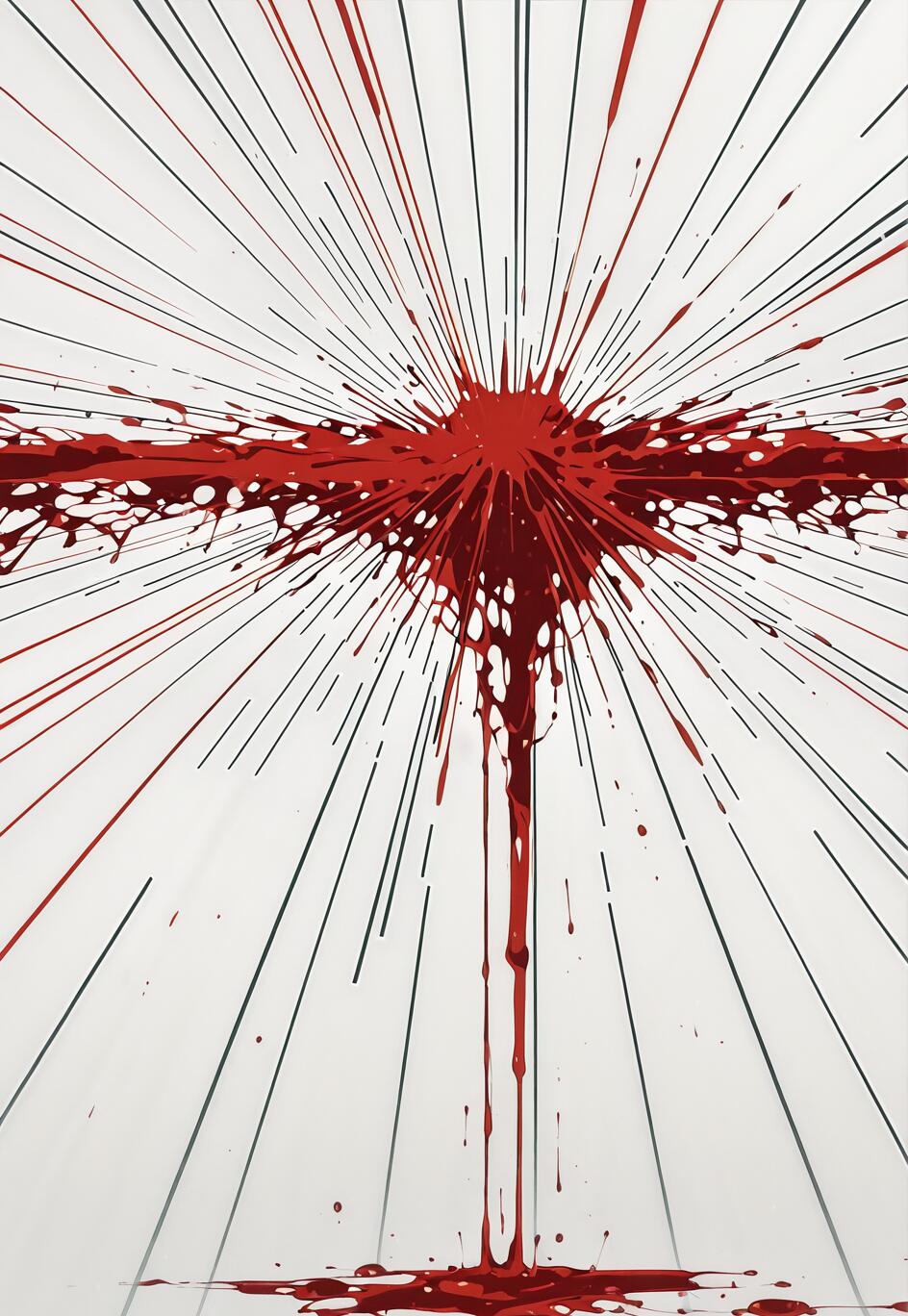 An abstract minimalist artwork on a white background. A large, vibrant red splatter forms a cross shape in the center, with thin red and black lines radiating out like a starburst. The red liquid drips down from the center, forming a pool at the bottom.