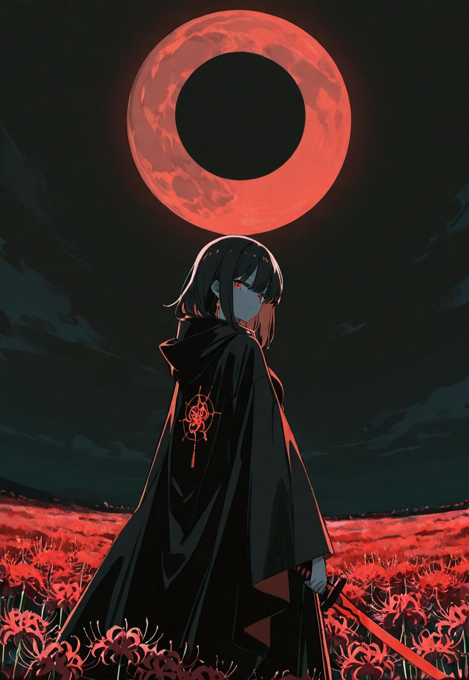 An anime girl with black hair and a black cloak holds a red katana while standing in a field of red spider lilies under a large, red, ring-shaped moon.