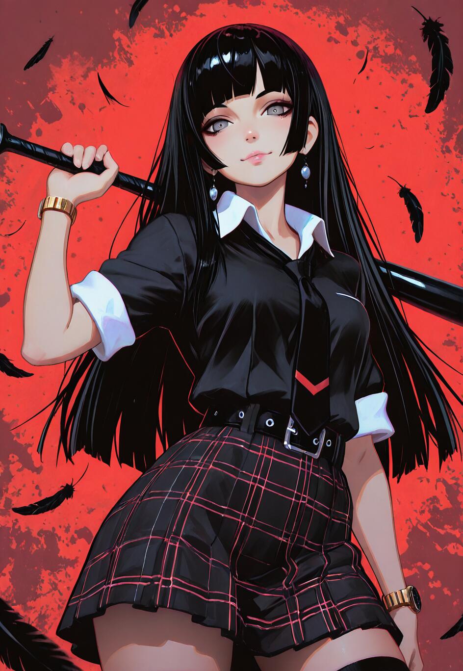 A stylish anime girl with long black hair and grey eyes holding a baseball bat over her shoulder. She is wearing a black shirt, a red and black plaid skirt, and smiling against a red background with floating black feathers.