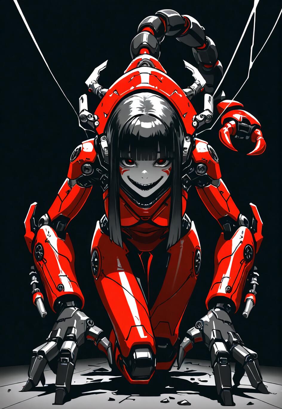 An anime-style female cyborg in red and black scorpion-themed armor, crouching on the ground with a menacing smile, red eyes, and a large mechanical tail.