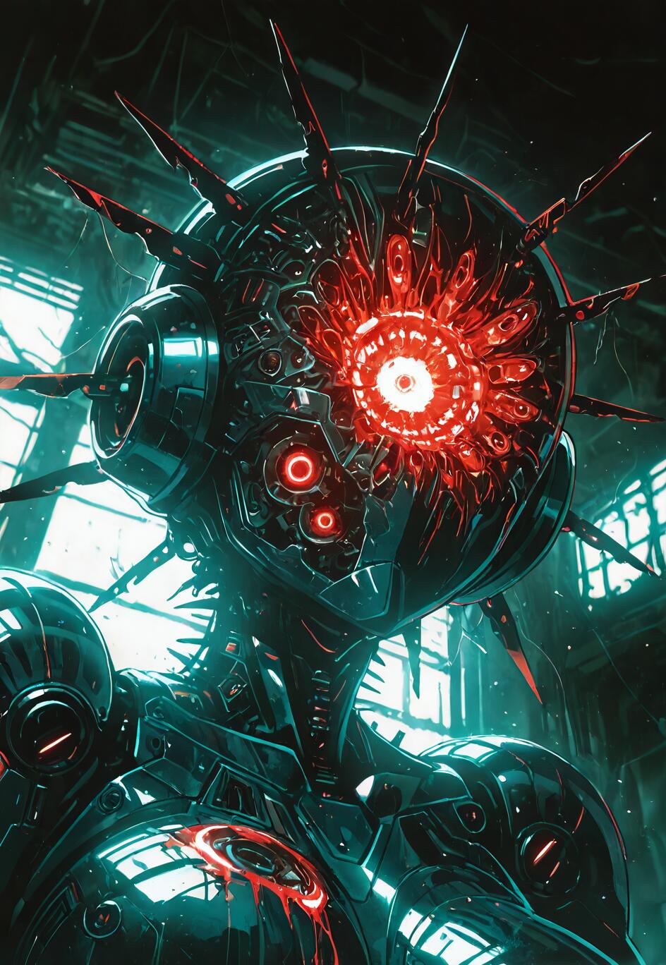 A portrait of a dark, metallic, female-presenting robot in a dimly lit industrial setting. Its large, round head is broken open, revealing a glowing, intricate red core that functions as an eye, with spikes protruding from its head. The robot's body is sleek and has glowing red details.