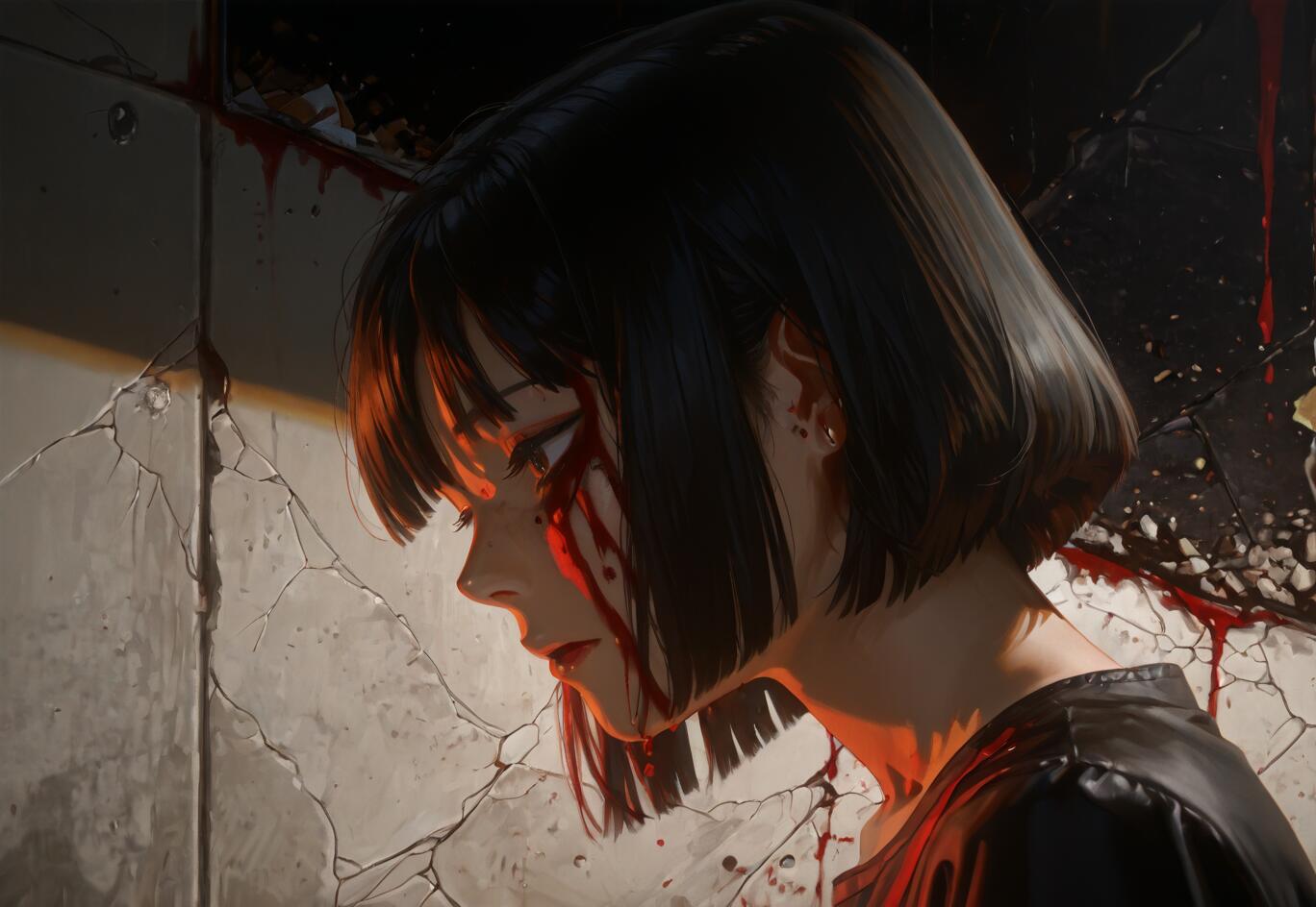 A close-up profile portrait of a young woman with a black bob and blood running down her face, standing in front of a cracked wall and a shattered window.