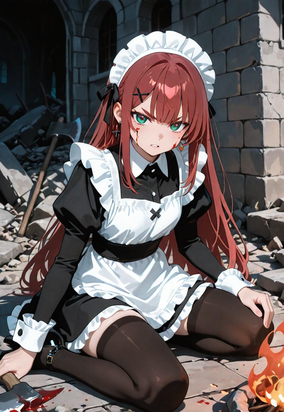 An anime-style illustration of a maid with long red hair and green eyes kneeling in a destroyed village. She holds a bloody axe and has a fierce expression, with blood on her face and a small fire nearby.