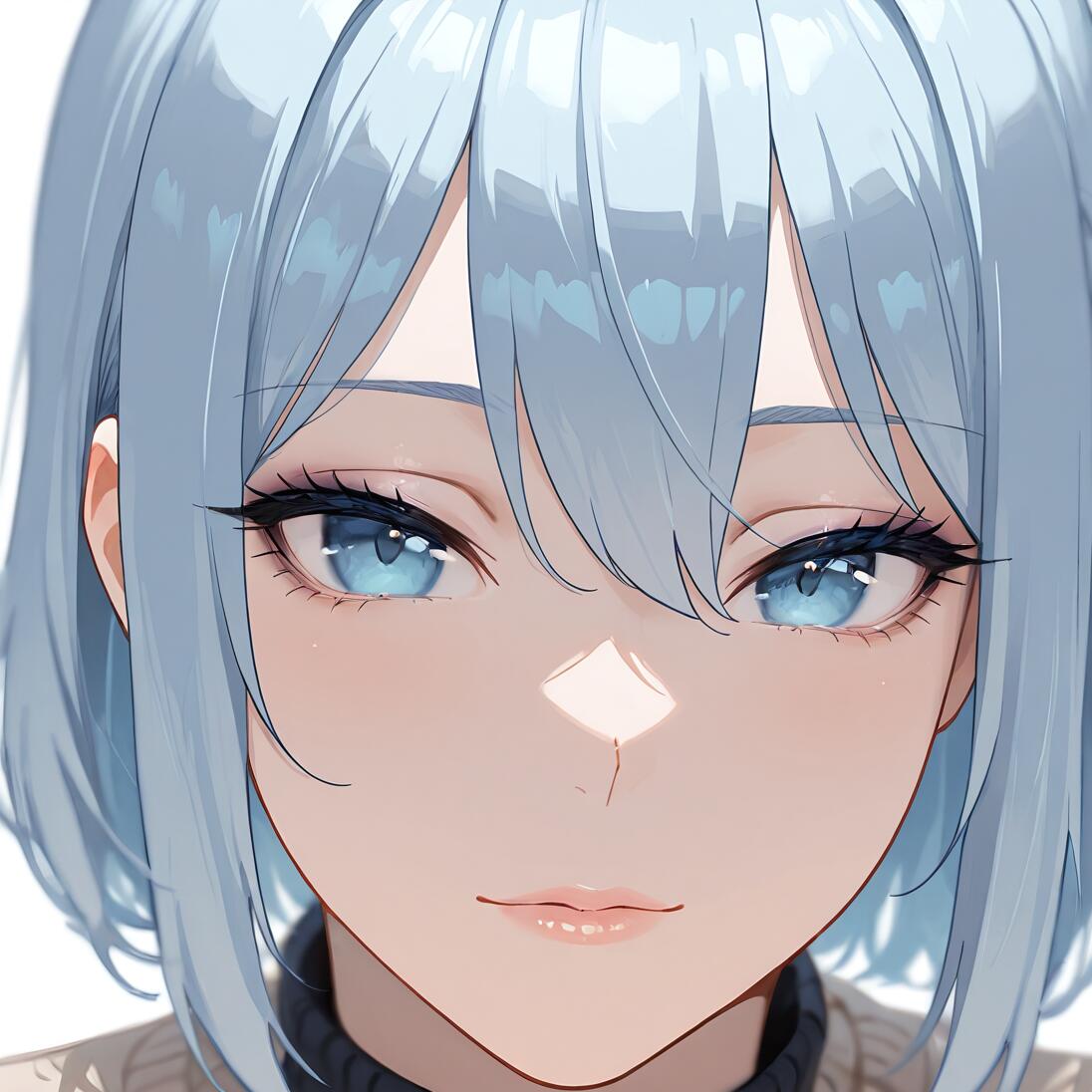 A close-up digital portrait of a character with short light blue hair and incredibly detailed blue eyes, looking forward with a calm expression.