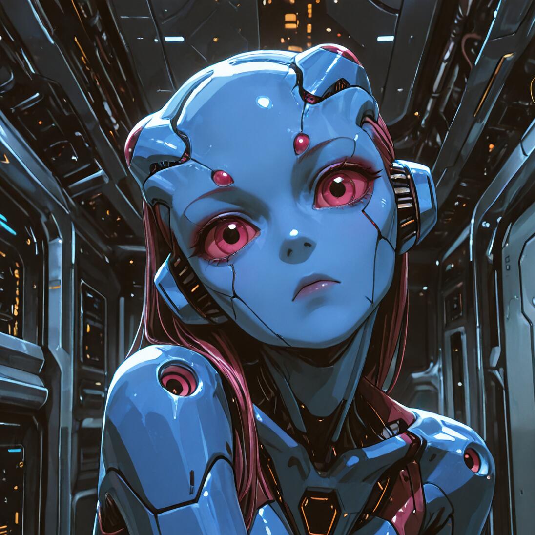 A head and shoulders portrait of a blue-skinned cyborg girl with large pink eyes and pink hair, looking at the viewer from inside a dark, metallic spaceship hallway.