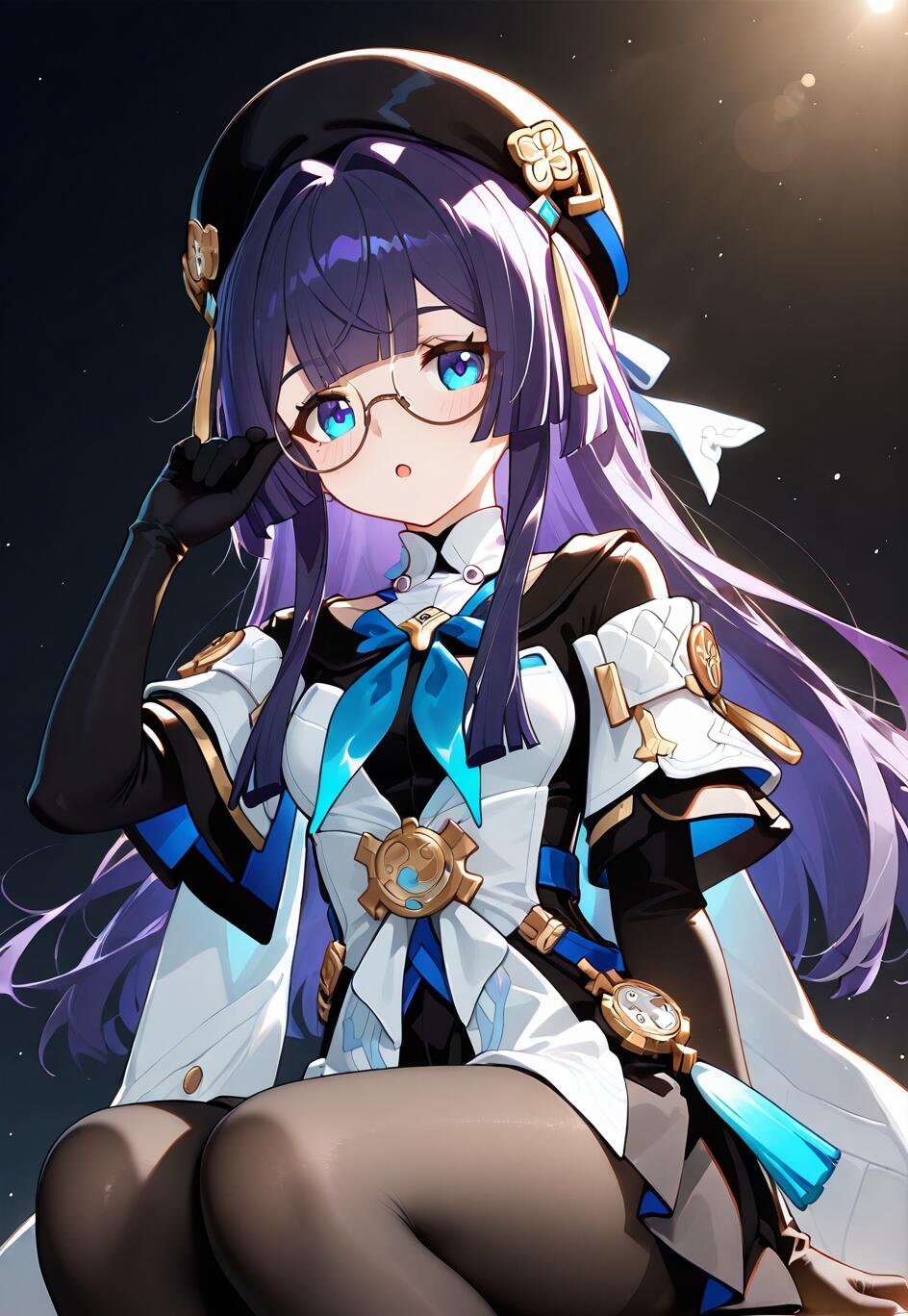 An anime-style illustration of Pela from Honkai: Star Rail, a young woman with long purple hair and blue eyes, adjusting her round glasses. She is wearing a black beret and a white and blue uniform, sitting against a dark starry background.