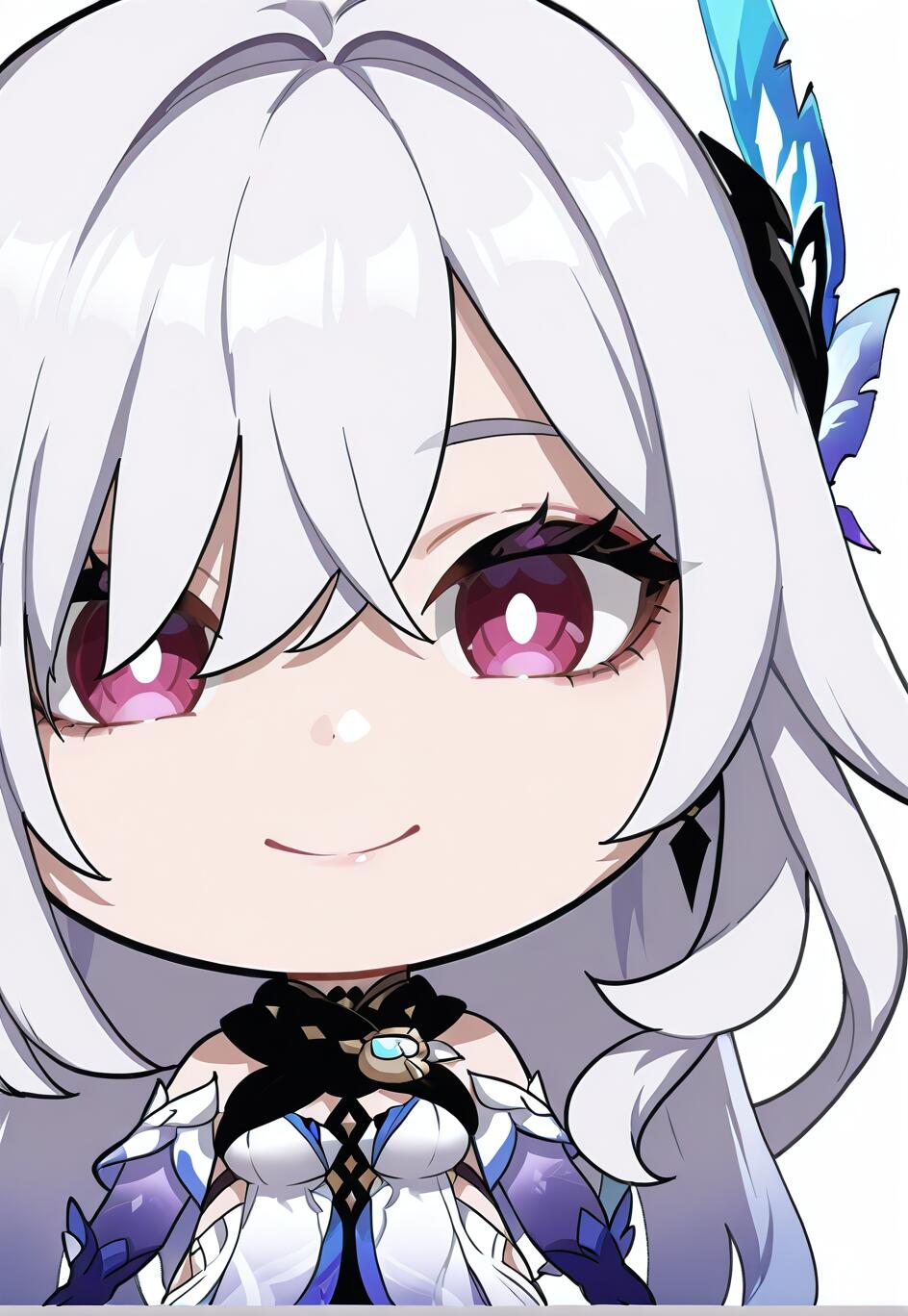 A close-up chibi drawing of Skirk from Genshin Impact, a female character with long white hair and purple eyes, smiling softly against a white background.
