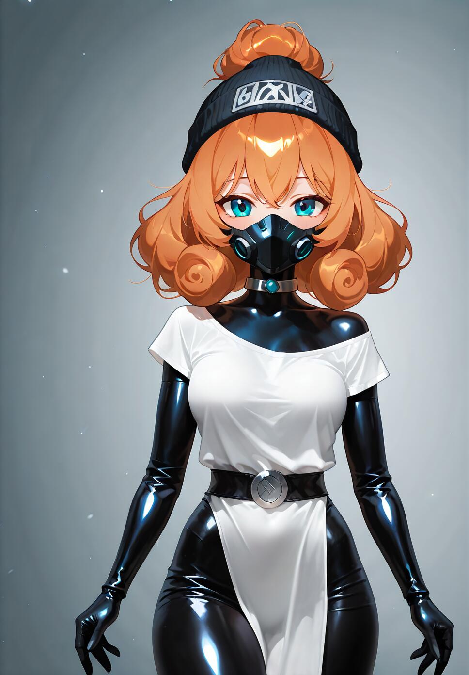 An anime-style girl with curly orange hair and bright blue eyes, wearing a black beanie, a futuristic respirator mask, and a shiny black bodysuit underneath a white tunic top.