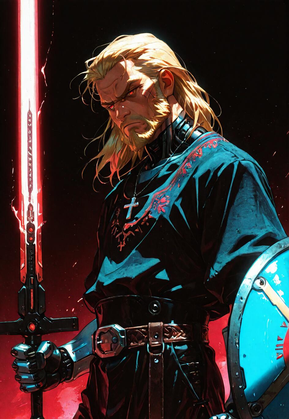 A digital illustration of a blonde-haired male warrior with a beard and glowing red eyes, depicted as a cyberpunk version of Askeladd from Vinland Saga. He wears a dark tunic with a cross necklace and holds a red energy sword and a blue shield.