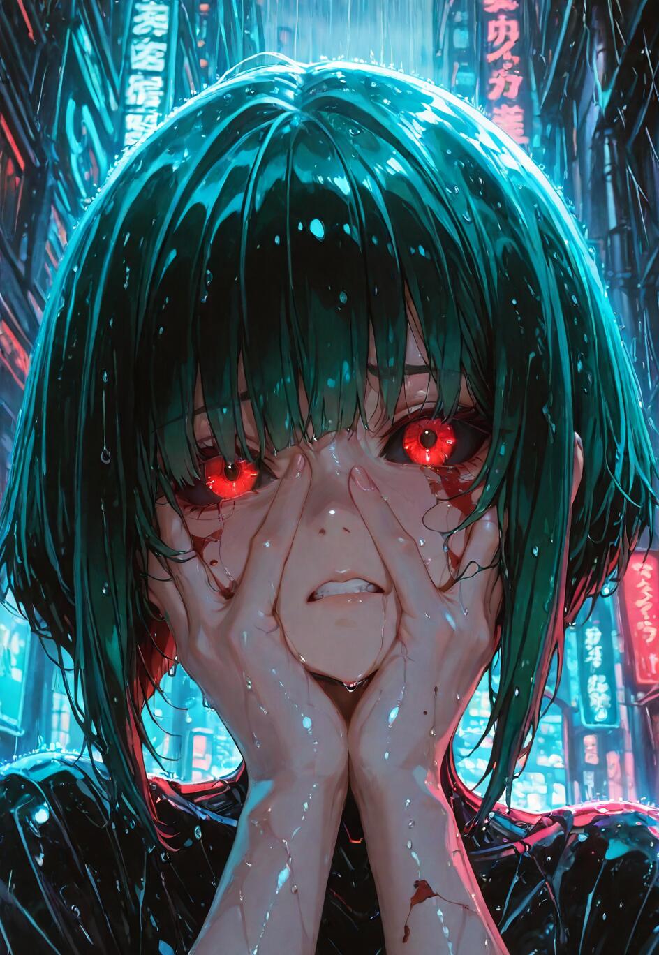 A close-up illustration of a distraught anime-style girl with short green hair and glowing red eyes in a rainy cyberpunk city. She is covering her blood-stained face with her hands, looking through her fingers.