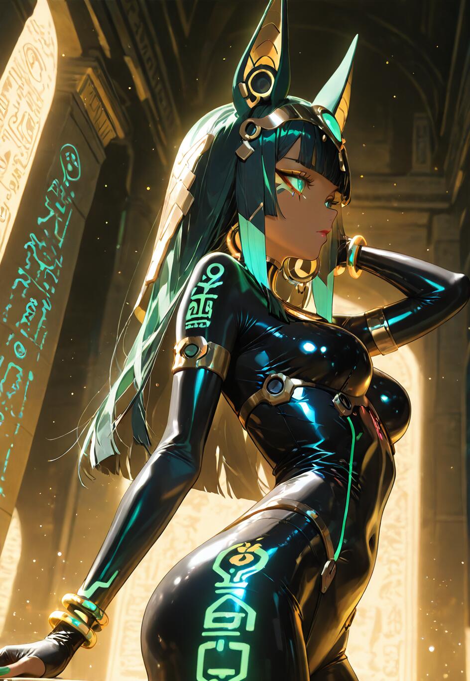 A digital illustration of a futuristic Egyptian goddess with jackal ears, wearing a black latex bodysuit with glowing green hieroglyphs, posing inside a golden temple with illuminated pillars.
