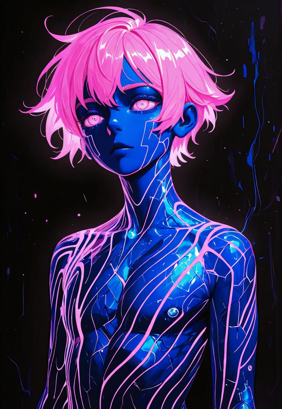 A digital art portrait of an androgynous figure with short, messy pink hair and glowing pink eyes. Their body is a glossy blue, covered in a network of glowing pink lines resembling circuits, set against a black background.