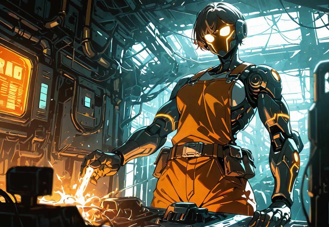 An anime-style illustration of a muscular female android in orange overalls and a helmet with glowing orange eyes, repairing machinery in a complex sci-fi corridor, with bright sparks emitting from her hand.