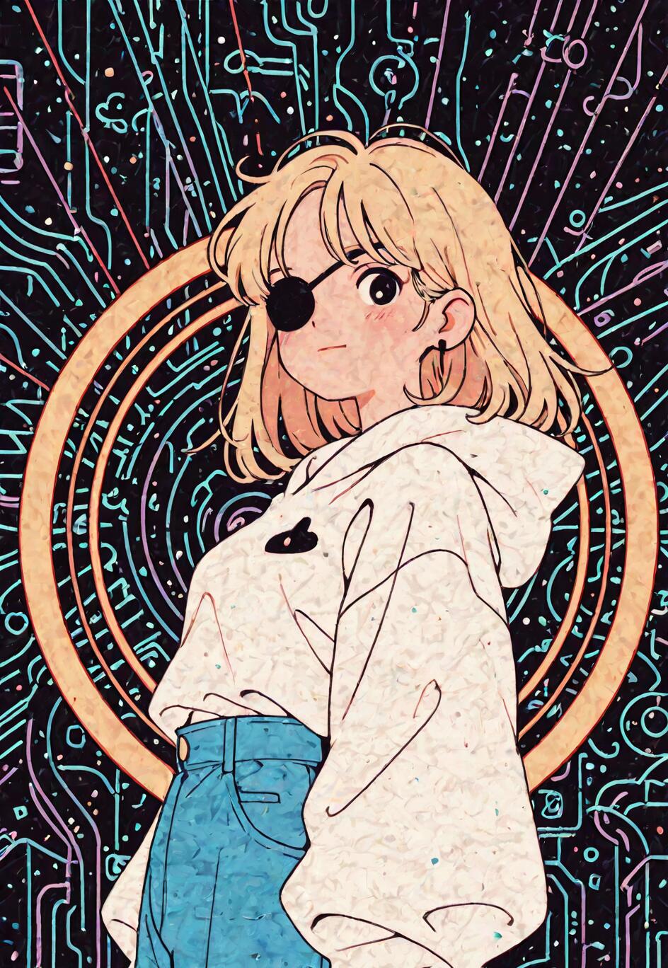 An anime-style illustration of a young woman with blonde hair and an eyepatch, wearing a white hoodie and jeans, standing before a futuristic background with a golden ring and glowing circuits.