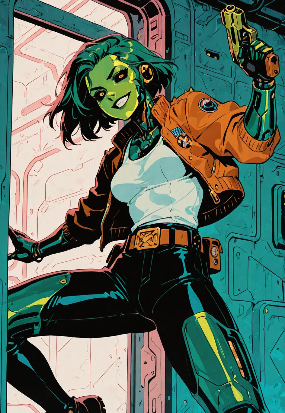 A female cyborg with short green hair and green skin, wearing a brown bomber jacket and black pants, smiles as she poses in a spaceship doorway holding a sci-fi pistol.