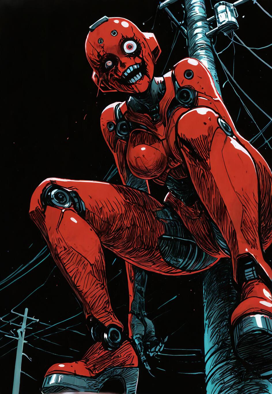 A low-angle shot of a menacing red female cyborg squatting on a utility pole at night. She has a horrifying, damaged face with one broken eye and a wide, toothy grin, looking down directly at the viewer.