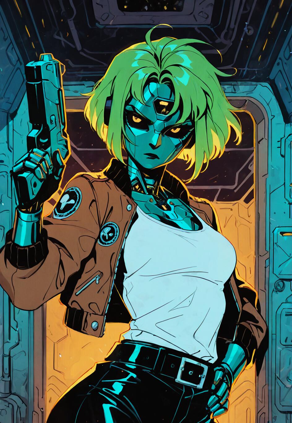 An anime-style illustration of a female android with short green hair and a metallic body, wearing a brown bomber jacket and holding a pistol while standing in a spaceship doorway.